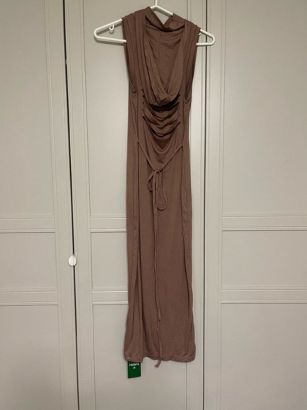 NWT Ribbed Hooded High Neck Long Sleeve Cut Out Tie Back Midi Casual Dress - Picture 3 of 7